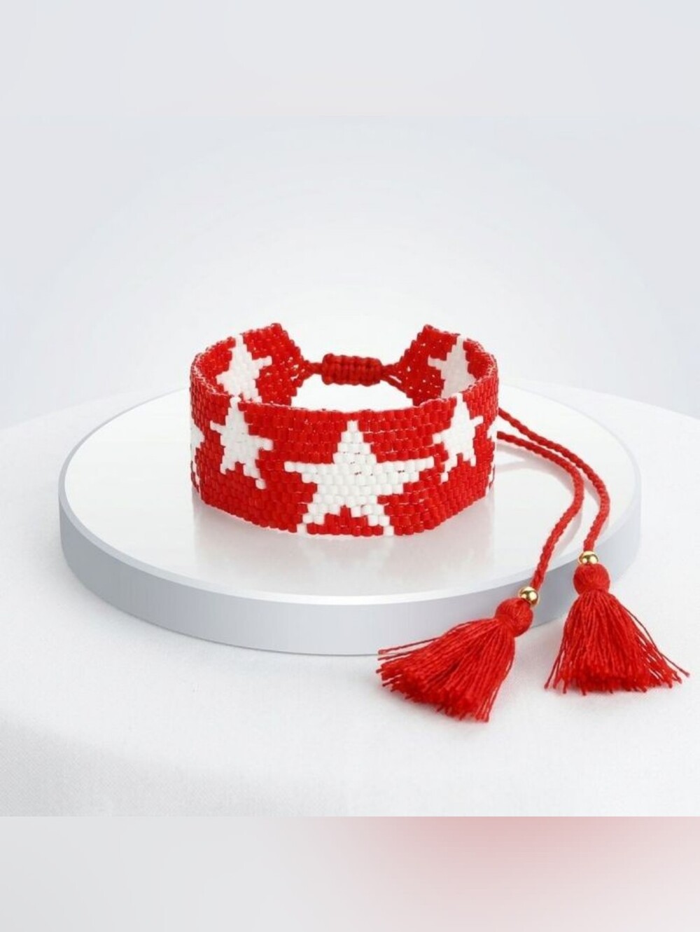 DST Red and White Star Woven Bead Bracelet